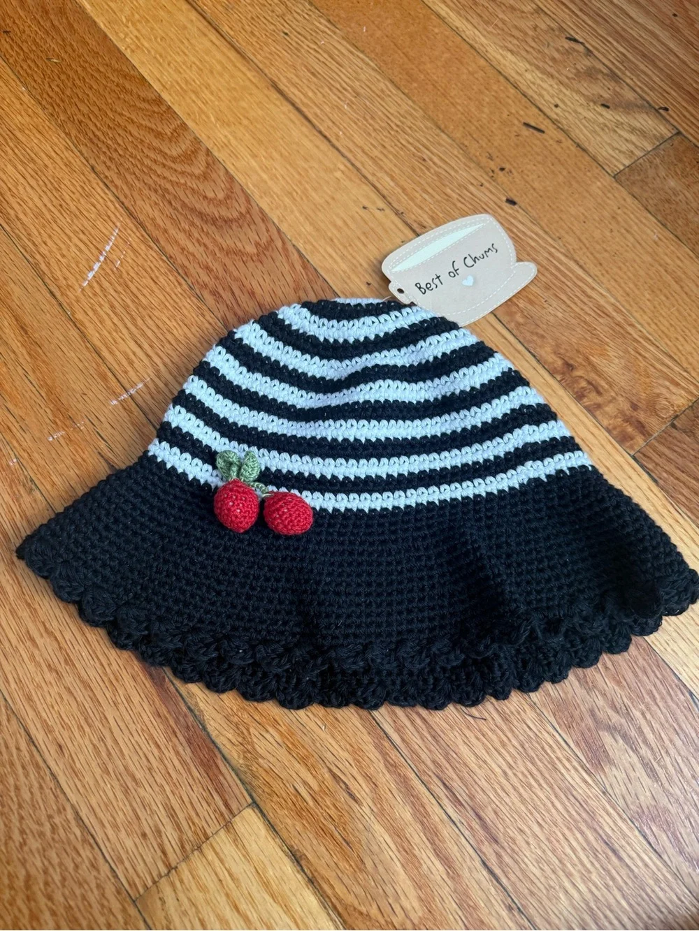 Black & White Striped Crochet Kids Sun Hat with Cherry Accent